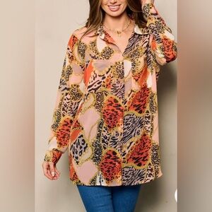 WOMEN'S LONG SLEEVE BUTTON UP FRONT POCKET MULTI PRINT BLOUSE NWOT